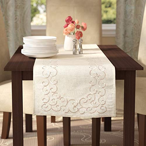 Scroll Embroidered Linen Blend Tablecloth, view 5