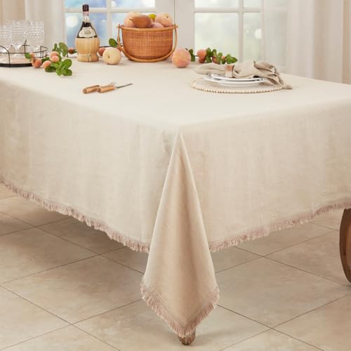 Stonewashed Linen Fringe Tablecloth, Ivory