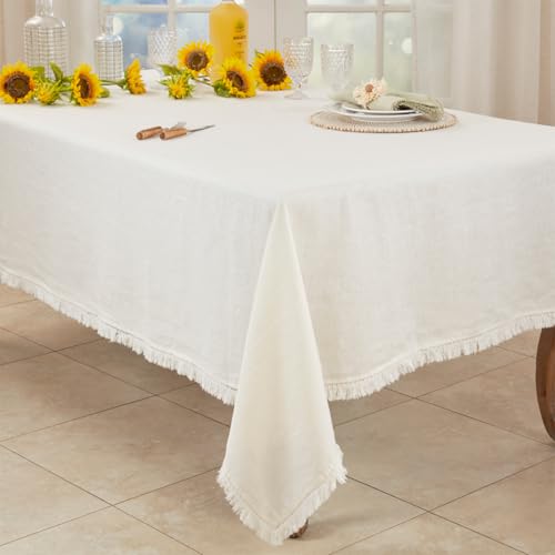Stonewashed Linen Fringe Tablecloth, Ivory, alternate view