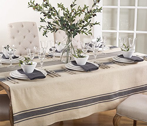 Banded Stripe Cotton Tablecloth, Natural, another angle