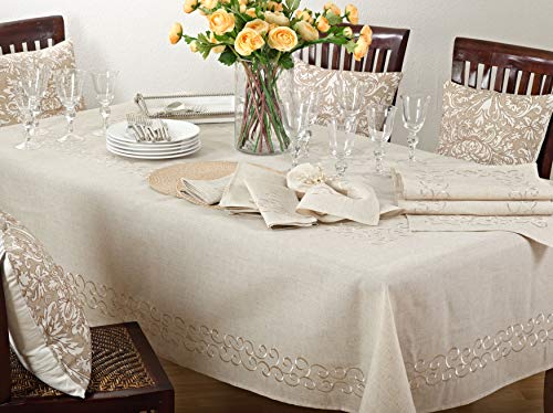 Scroll Embroidered Linen Blend Tablecloth, view 6