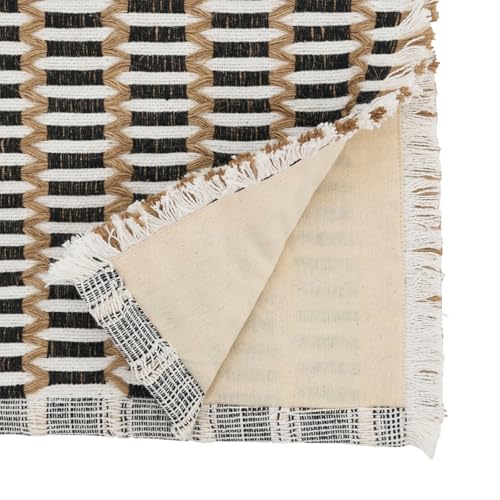 Woven stitch table runner in black and natural with white stripes, corner folded back to show the cream lining