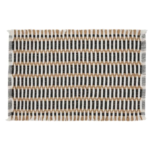 Single woven stitch placemat in black, natural and white with fringed short ends, flat overhead view on white