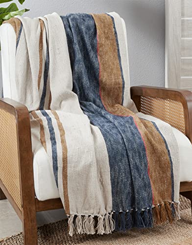 Striped Cotton Throw with Tassels, Navy