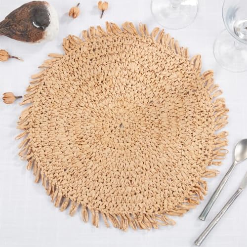 Raffia Fringe Round Placemats, Black, Set of 4