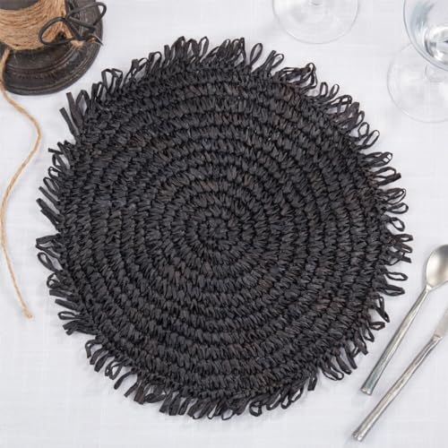 Raffia Fringe Round Placemats, Black, Set of 4, alternate view