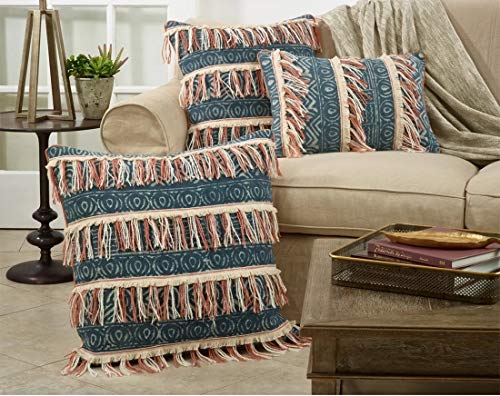 Block Print Embroidered Fringe Pillow, Indigo, another angle