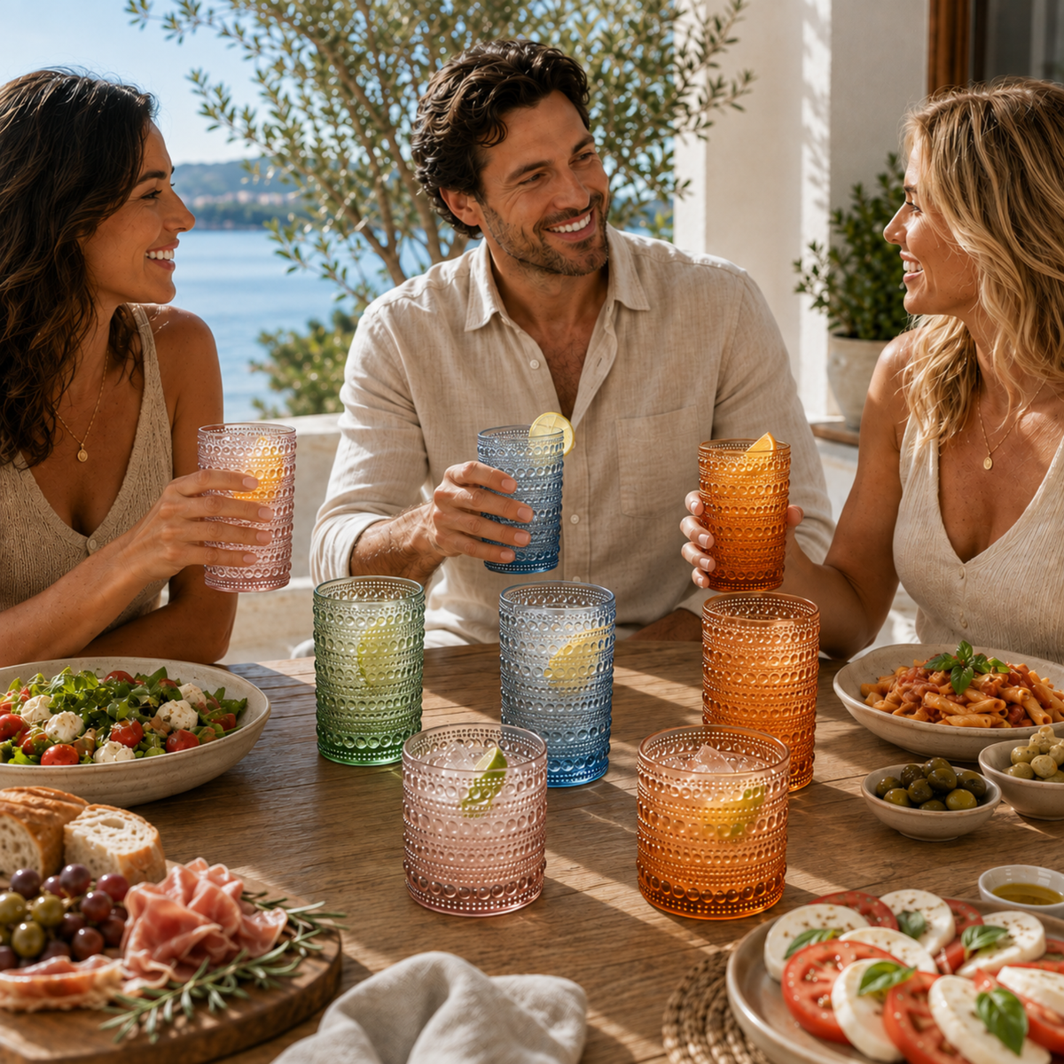 Muted Hobnail Highball and Lowball Glassware shown beside companion pieces from the same maker's line
