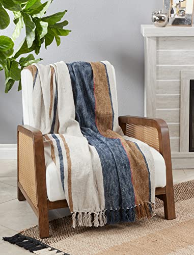 Striped Cotton Throw with Tassels, Navy, alternate view