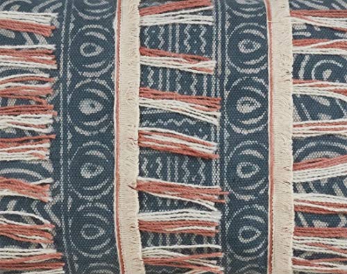 Block Print Embroidered Fringe Pillow, Indigo, detail view