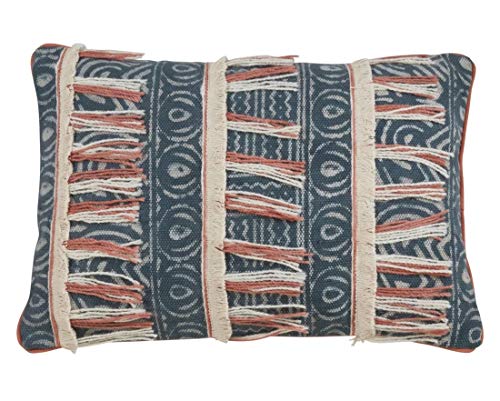 Block Print Embroidered Fringe Pillow, Indigo