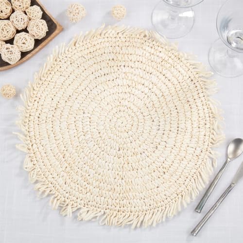 Raffia Fringe Round Placemats, Black, Set of 4