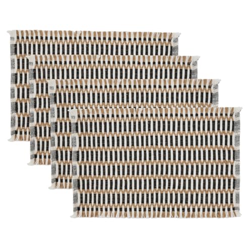 Four woven stitch placemats in black, natural and white with fringed ends, fanned in a stack on a white background