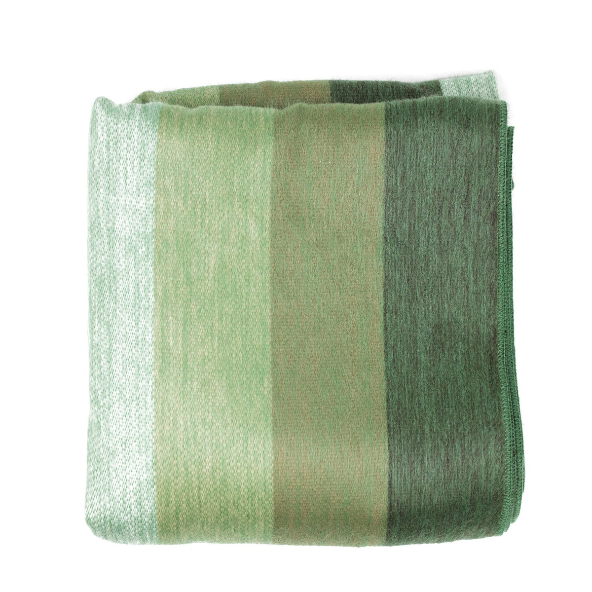 Folded alpaca throw in wide stripes of light green, sage and juniper on a plain white background