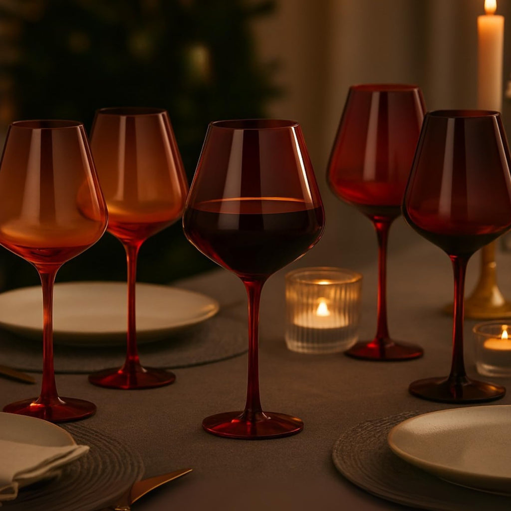 Red Rocks Gradient Wine Glassware placed on open kitchen shelving among neutral ceramics