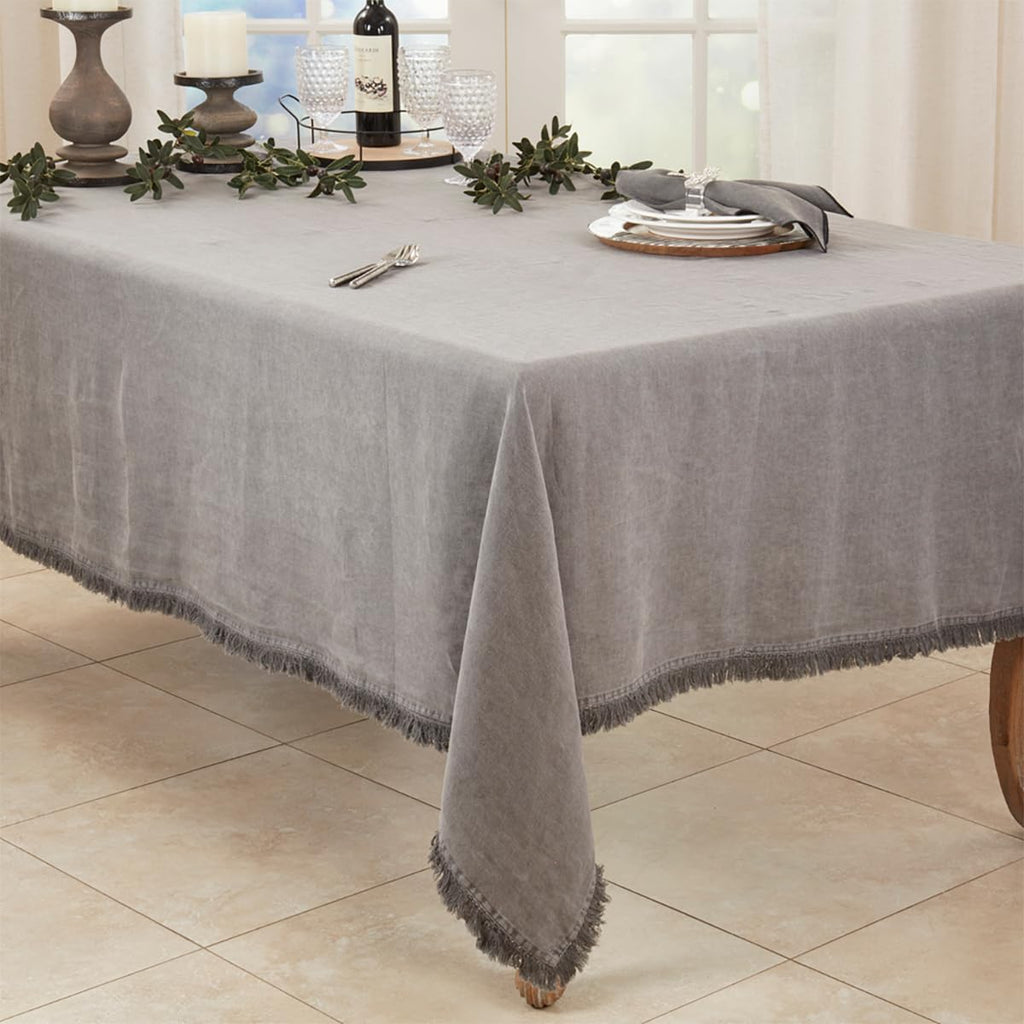 Stonewashed Linen Fringe Tablecloth, Ivory