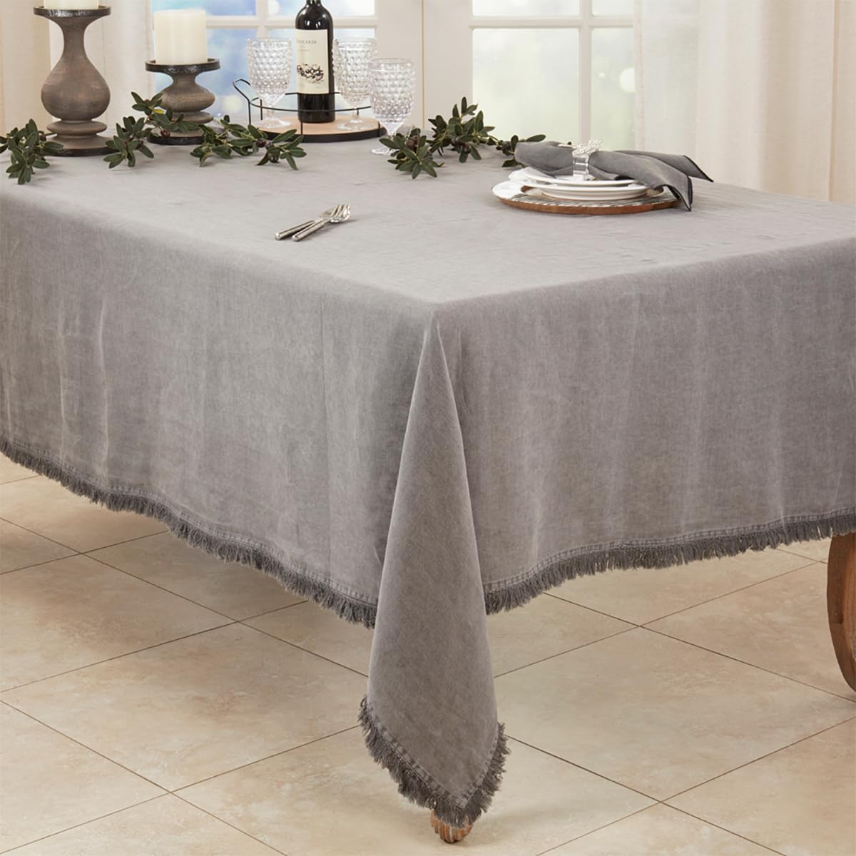 Stonewashed Linen Fringe Tablecloth, Ivory