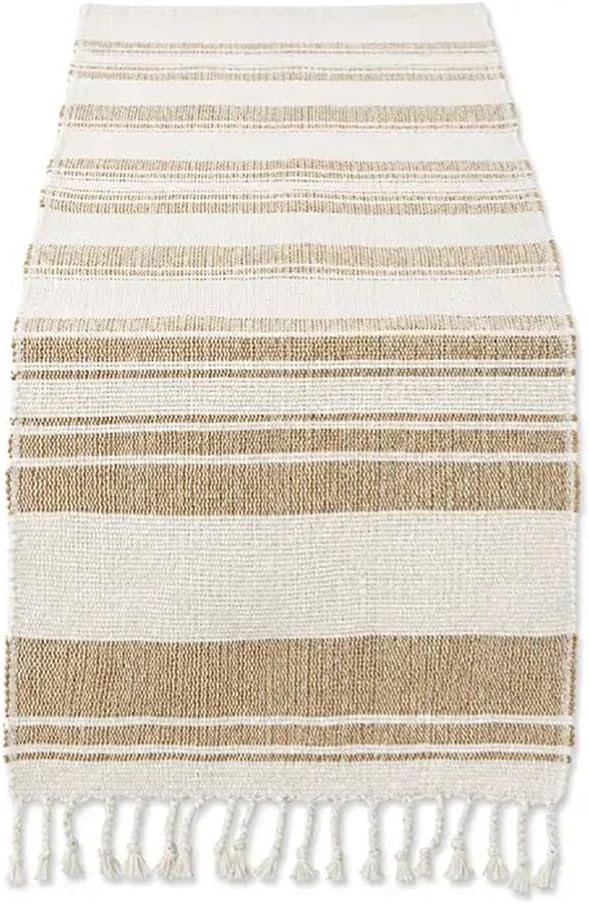 Cotton Jute Tassel Table Runner, Natural and Ivory, detail view
