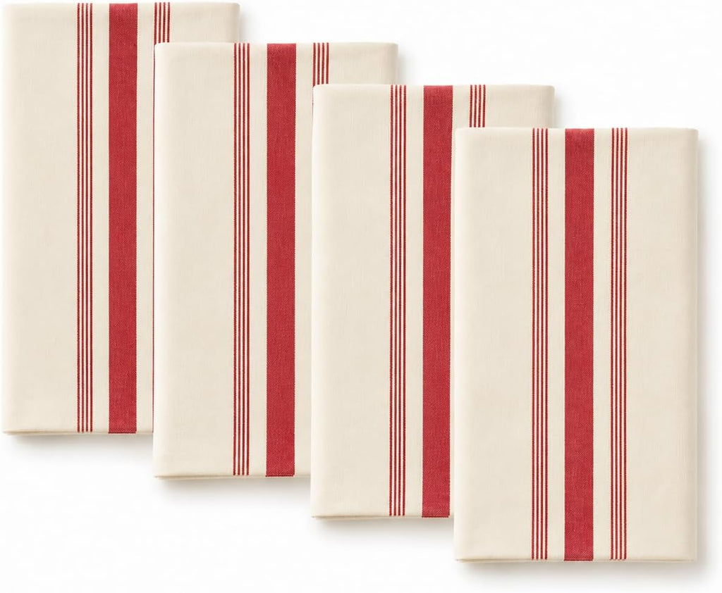 Cotton Napkins, Beige with Red Stripe, Set of 4