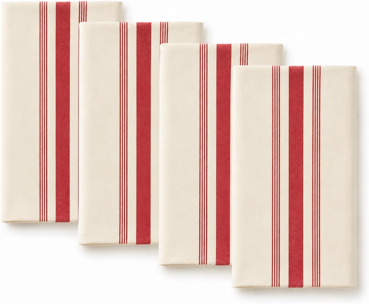 Cotton Napkins, Beige with Red Stripe, Set of 4