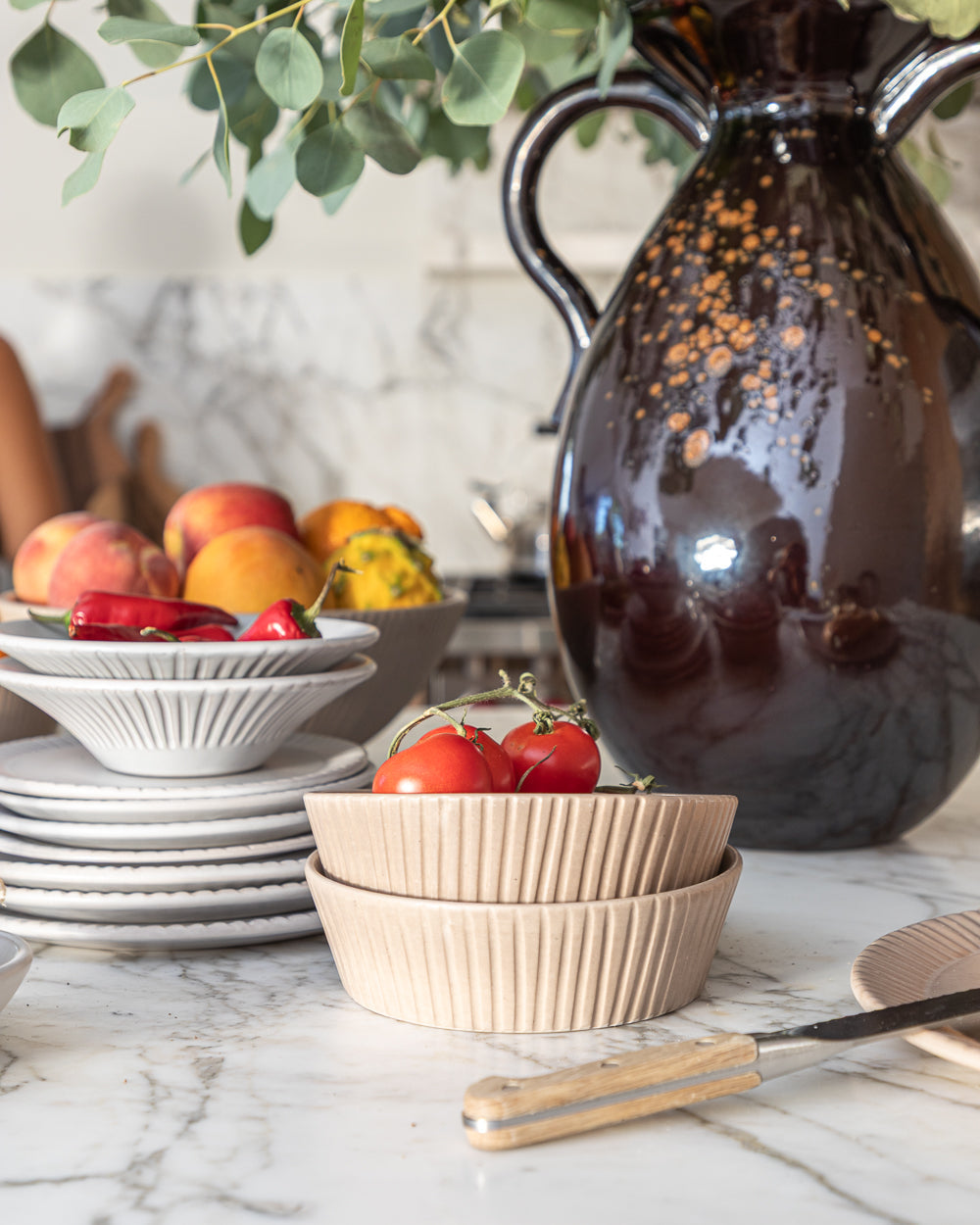 Carved Clay-Toned Ceramic Pasta Bowls, Set of 4, alternate view