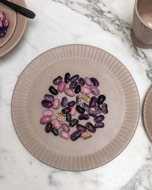 Clay-toned ceramic dinner plate scattered with speckled purple beans on white marble, seen from above