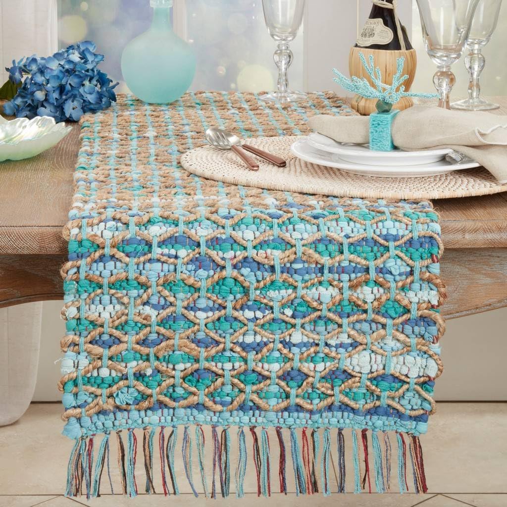 Woven Net Chindi Table Runner, Aqua, detail view