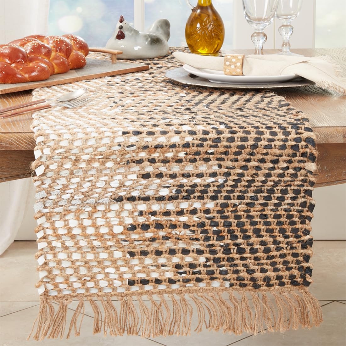 Two-Tone Jute and Leather Table Runner, alternate view