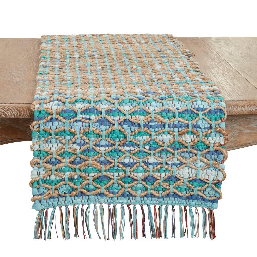 Woven Net Chindi Table Runner, Aqua