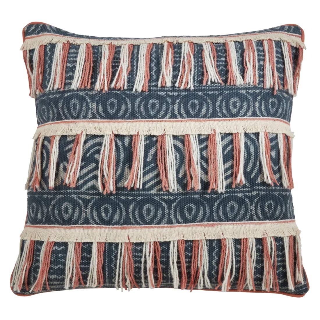 Block Print Embroidered Fringe Pillow, Indigo, view 6