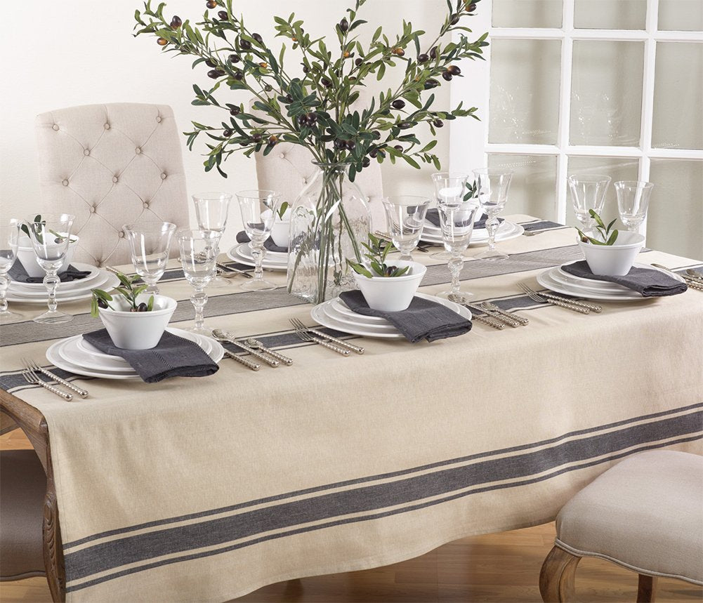 Banded Stripe Cotton Tablecloth, Natural