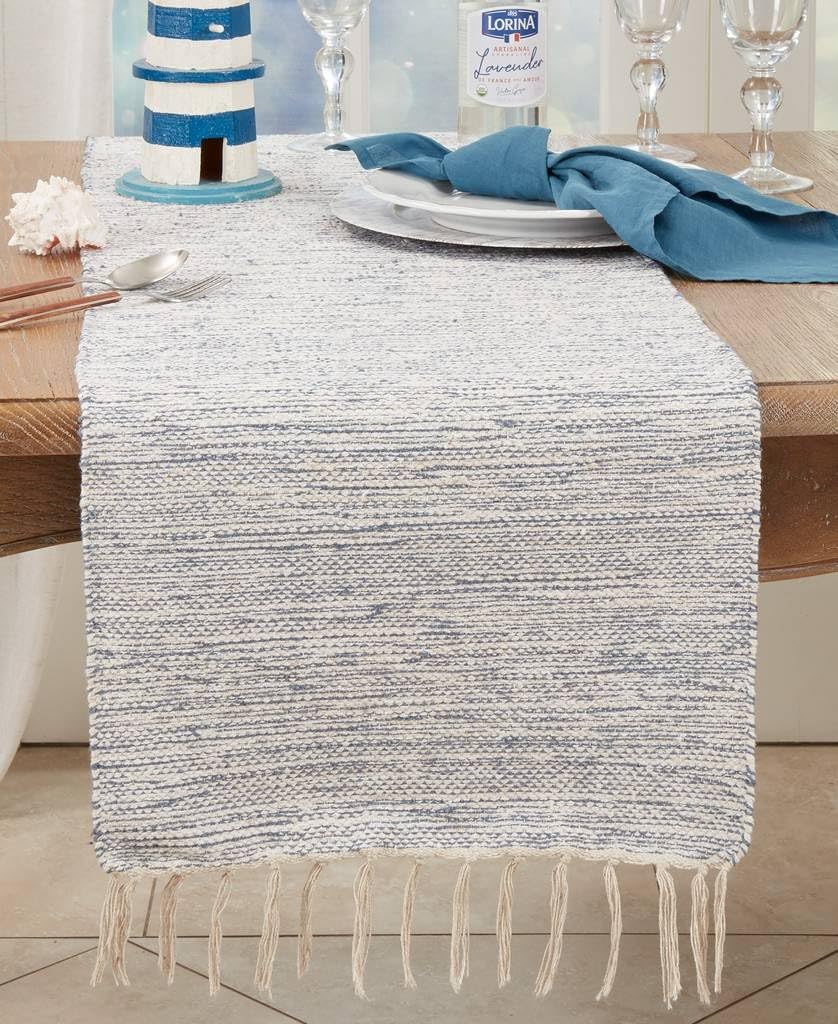 Handloom Fringe Table Runner, Blue, detail view