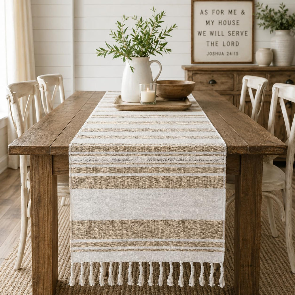 Cotton Jute Tassel Table Runner, Natural and Ivory