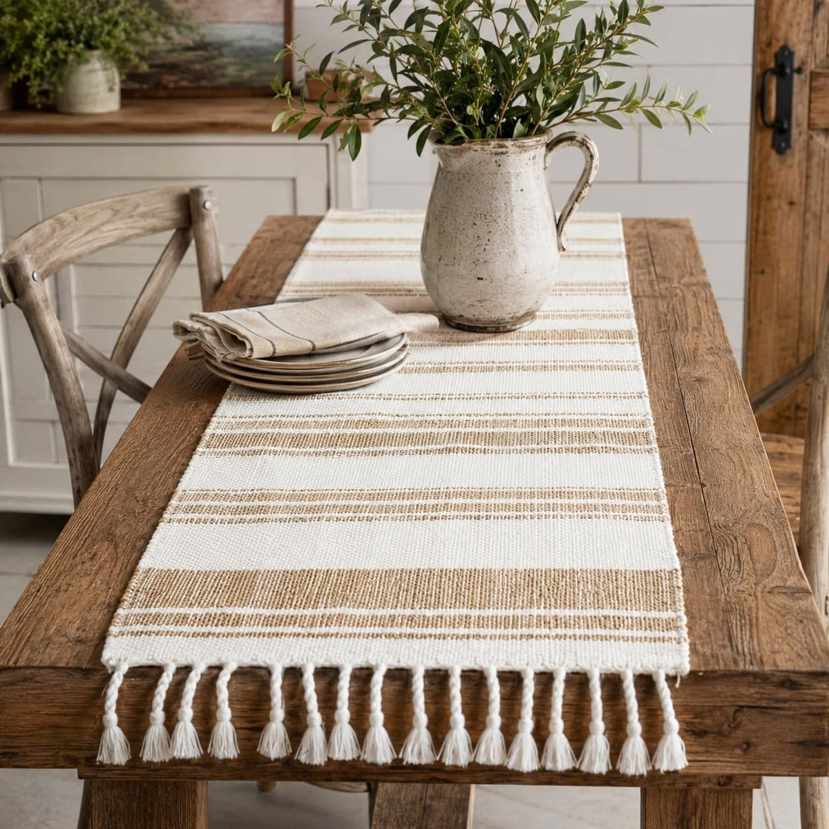 Cotton Jute Tassel Table Runner, Natural and Ivory, alternate view