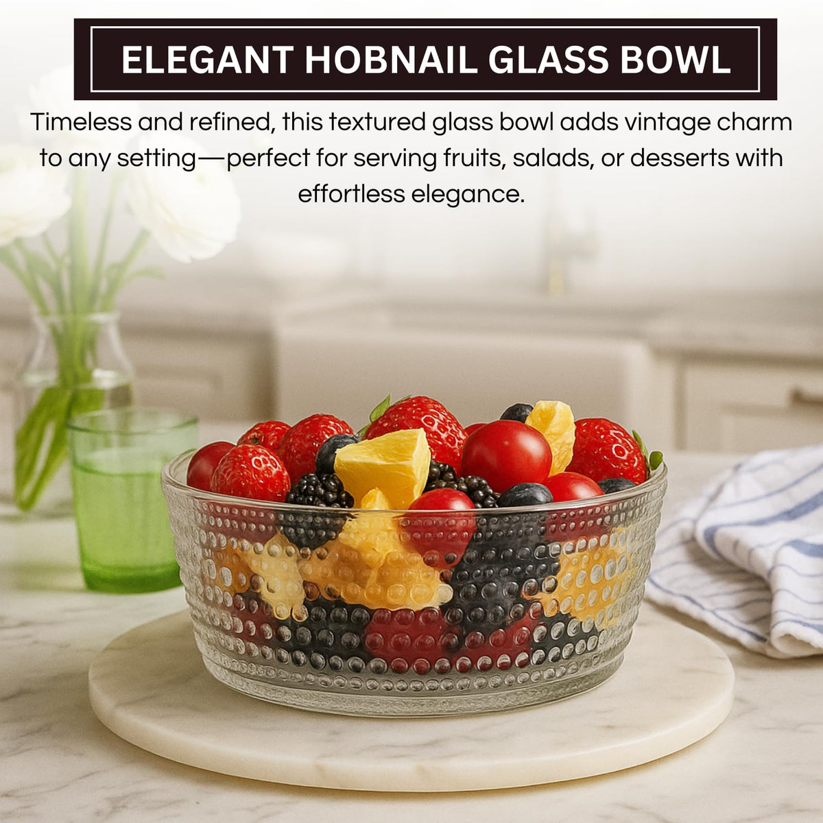 Hobnail Borosilicate Serving Bowl in a detail view showing surface texture and finish up close