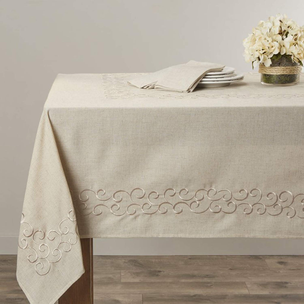 Scroll Embroidered Linen Blend Tablecloth