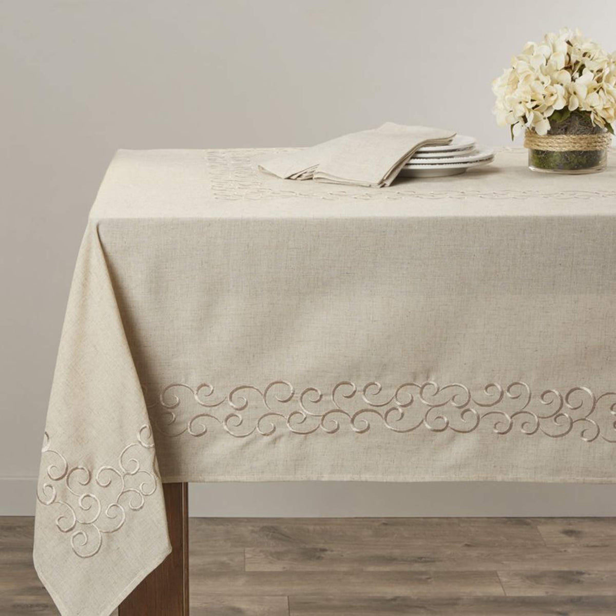 Scroll Embroidered Linen Blend Tablecloth