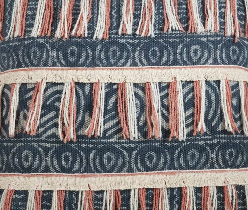 Block Print Embroidered Fringe Pillow, Indigo