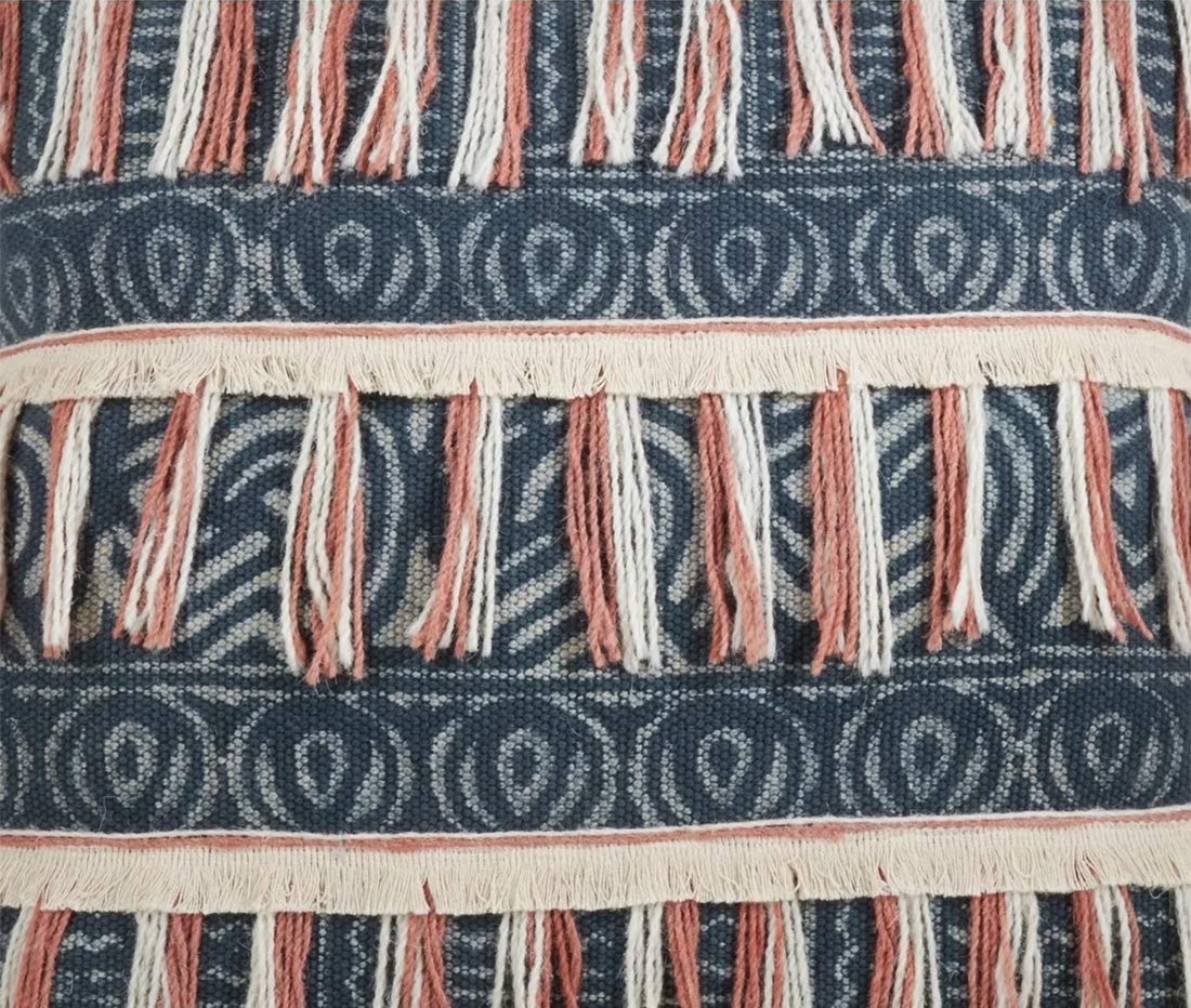 Block Print Embroidered Fringe Pillow, Indigo
