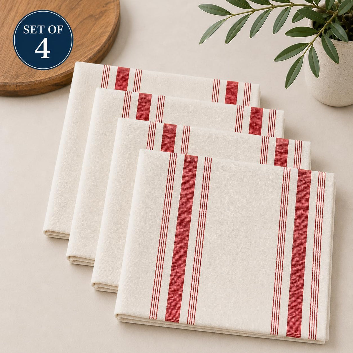 Cotton Napkins, Beige with Red Stripe, Set of 4, alternate view