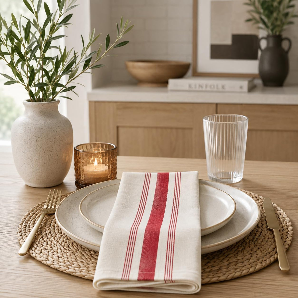 Cotton Napkins, Beige with Red Stripe, Set of 4, detail view