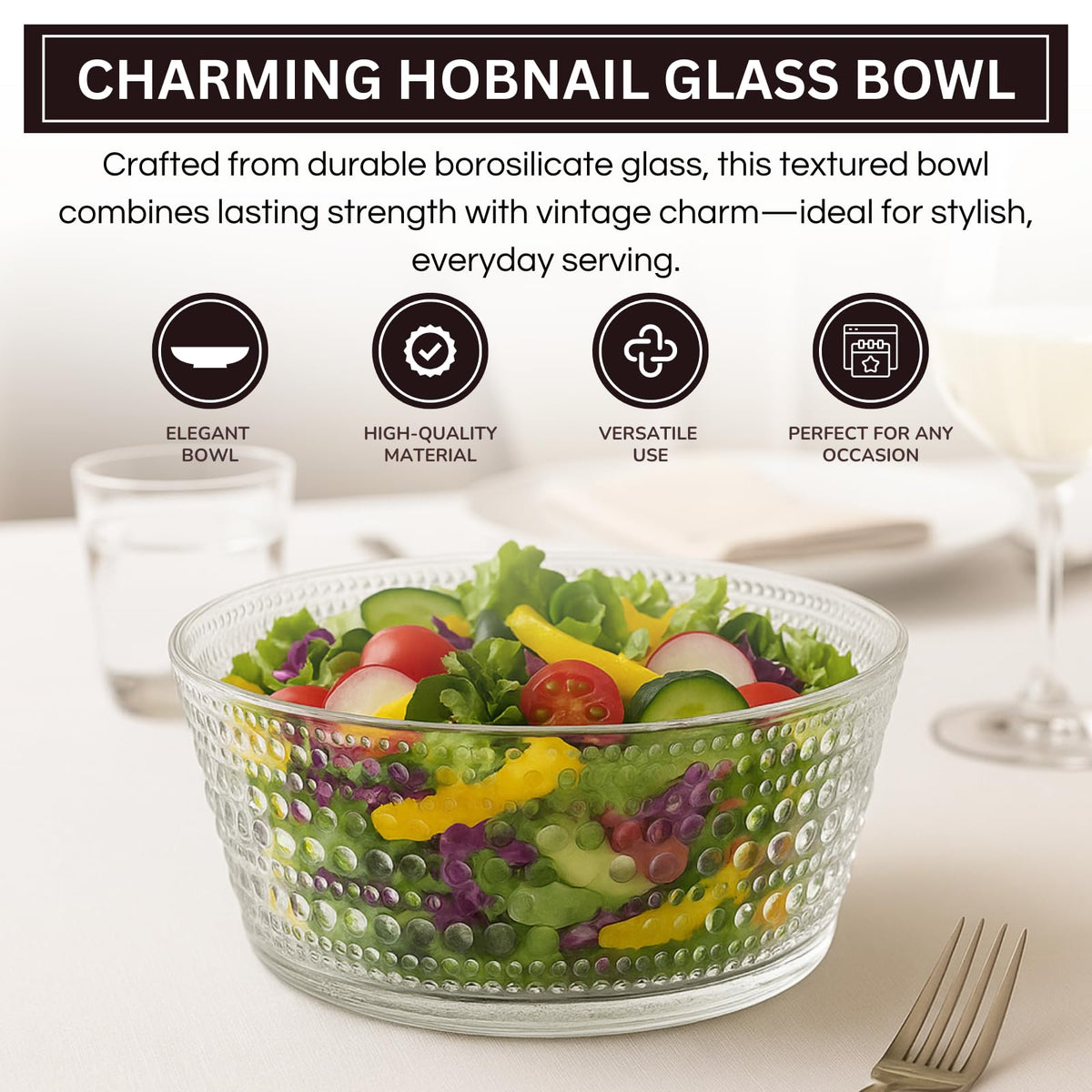 Hobnail Borosilicate Serving Bowl styled on a wood table with linen in a modern Southwest room