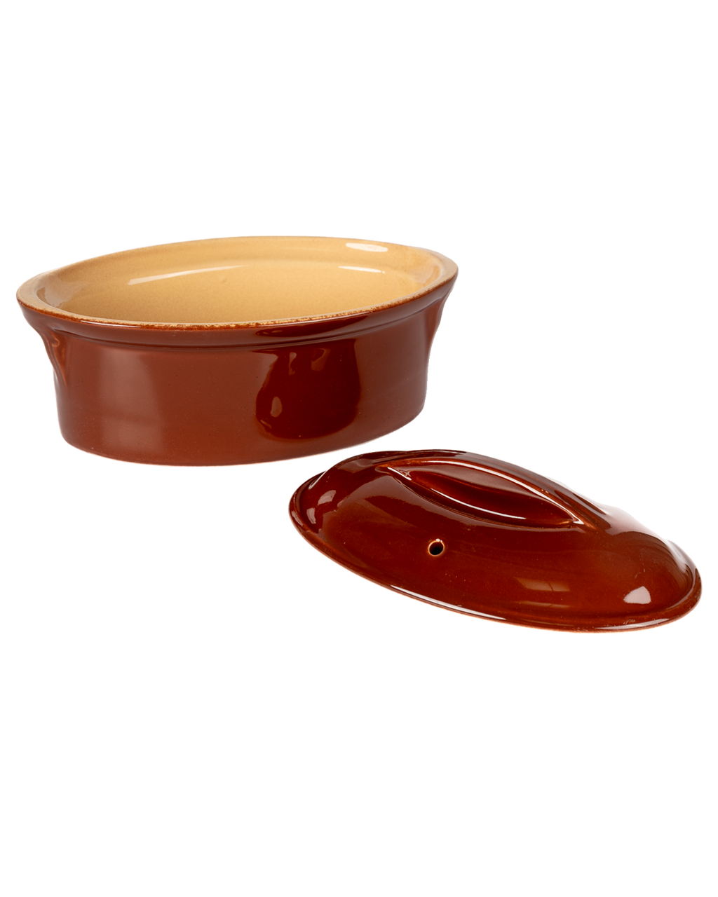 Vintage French Lidded Oval Baking Dish, detail view