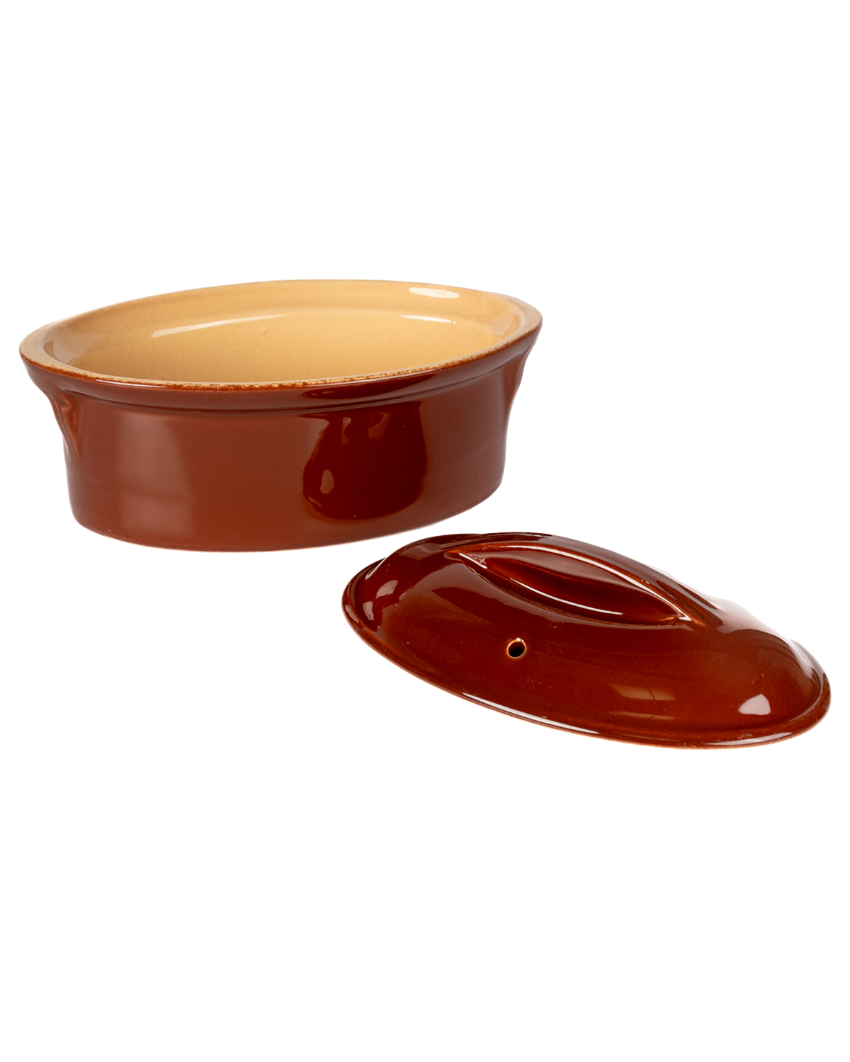 Vintage French Lidded Oval Baking Dish, detail view