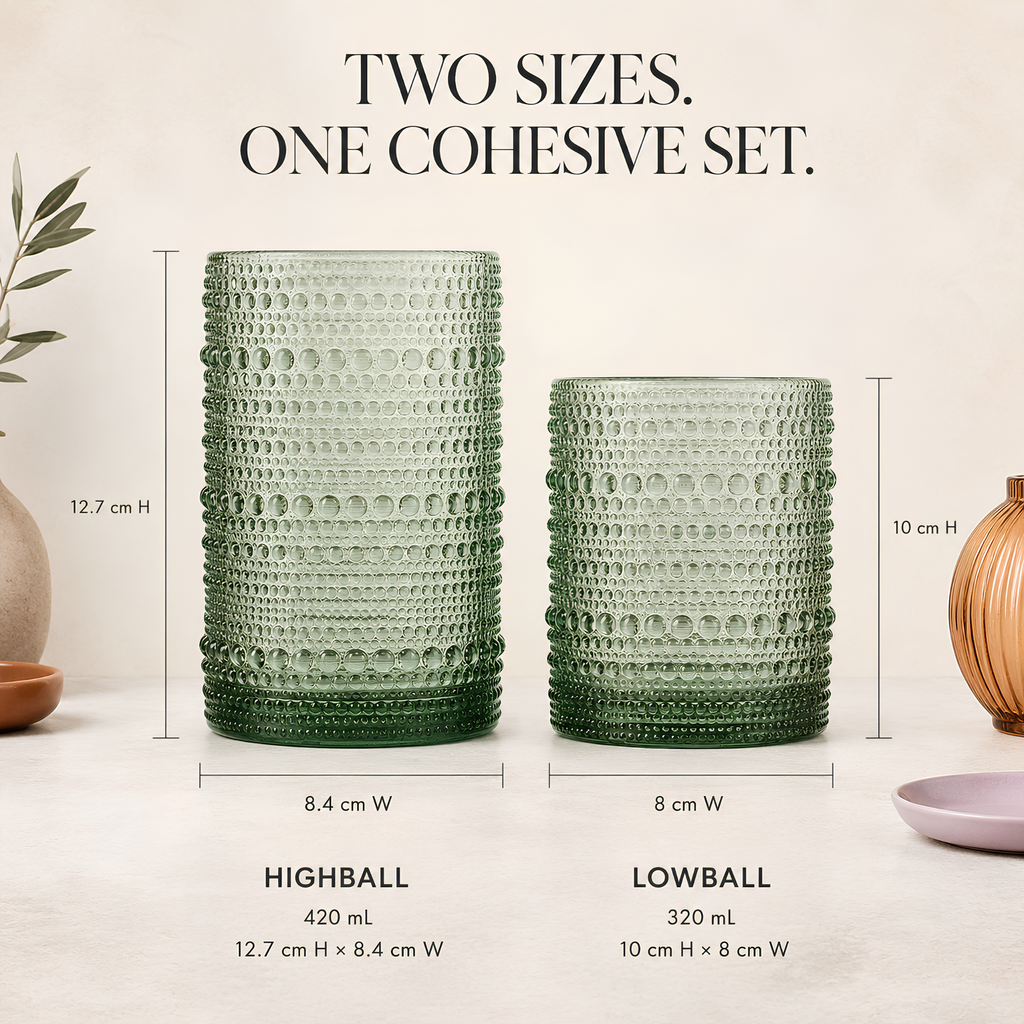 Muted Hobnail Highball and Lowball Glassware shown in use on a casually set gathering table at dinner