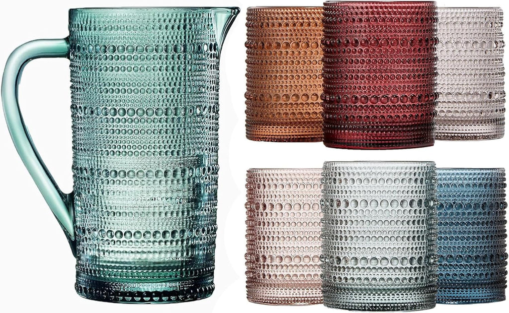 Hobnail Glass Pitcher and Lowball Serving Set photographed on a bone white surface in soft natural light