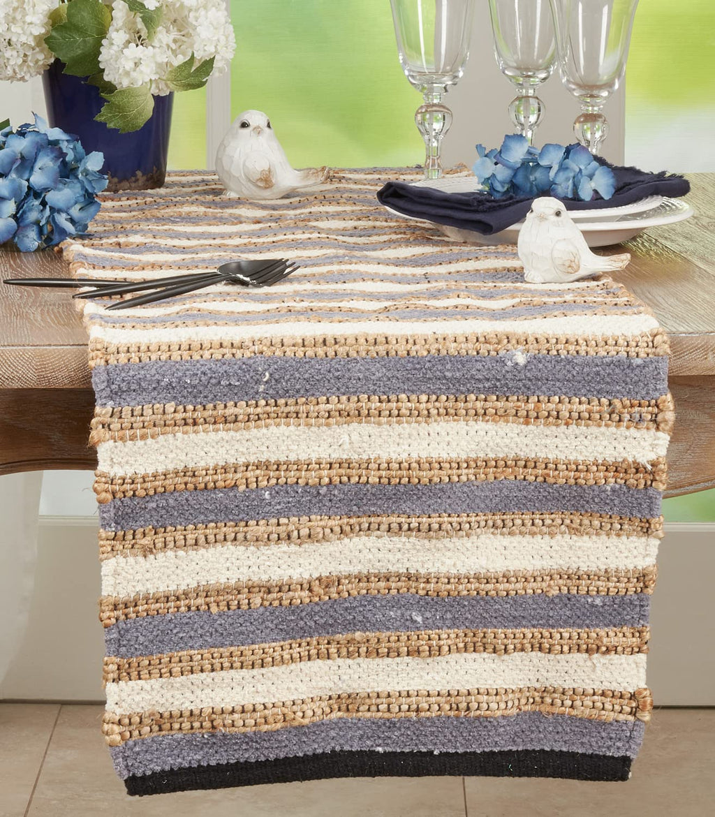 Chindi Cotton-Jute Table Runner, Blue Stripe, alternate view