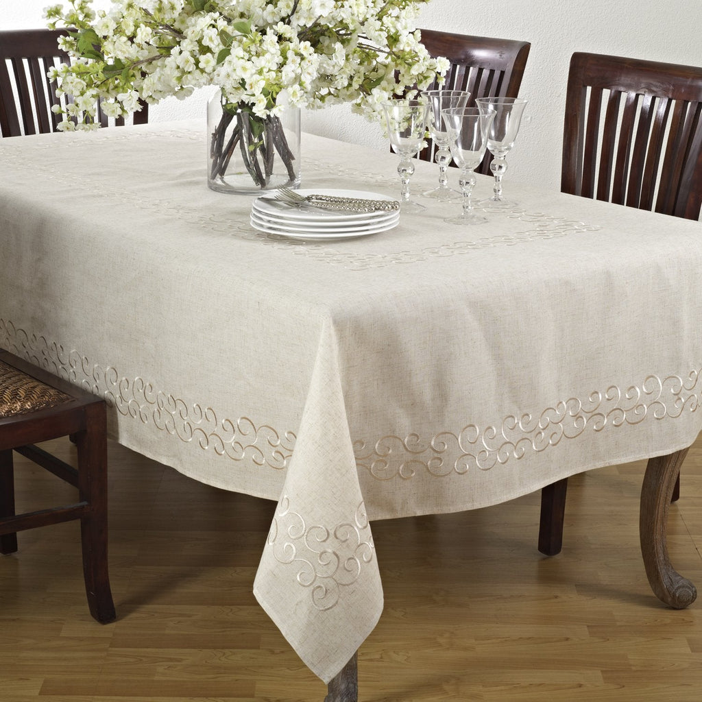 Scroll Embroidered Linen Blend Tablecloth