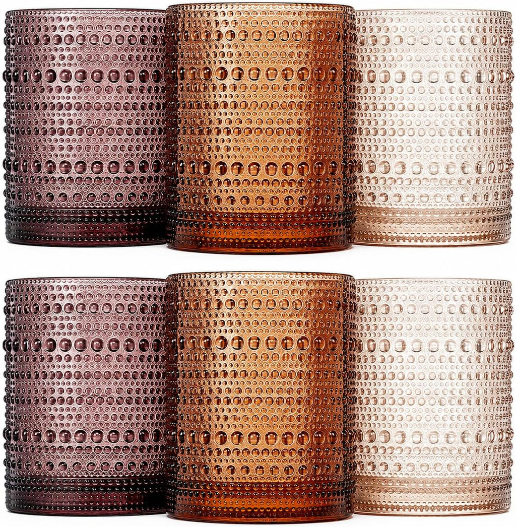 Amber Hobnail Lowball Glassware photographed on a bone white surface in soft natural light