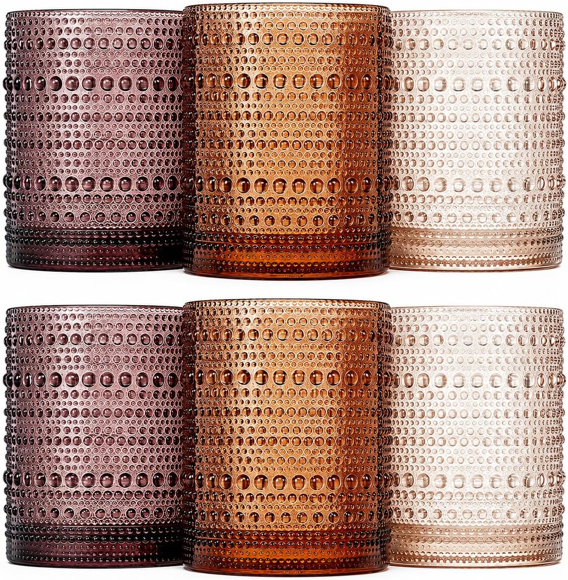 Amber Hobnail Lowball Glassware photographed on a bone white surface in soft natural light